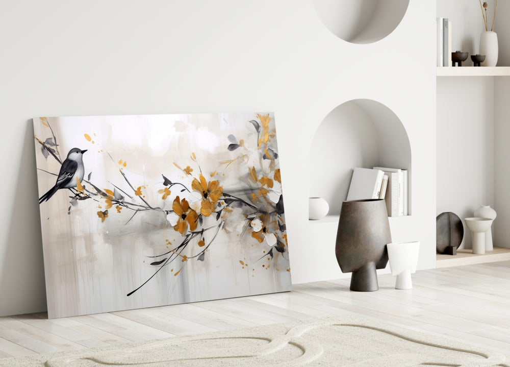 Sparrow-on-twig painterly glass wall art over linen sofa in designer lounge