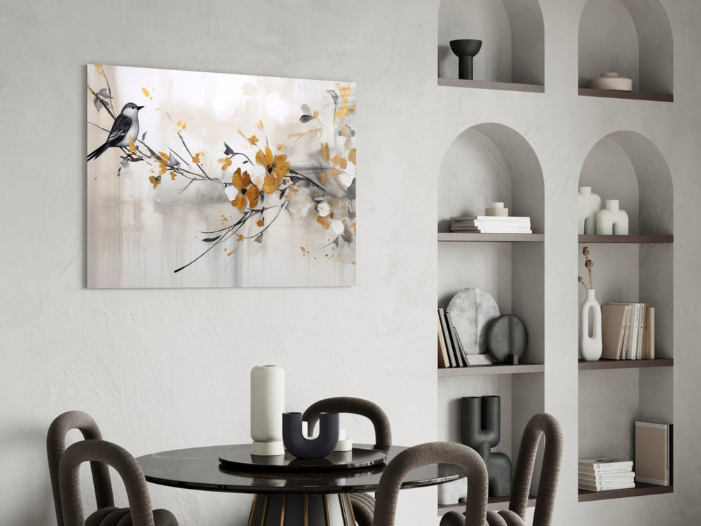 Pearl-and-gold bird cinematic glass wall art in luxury powder-room