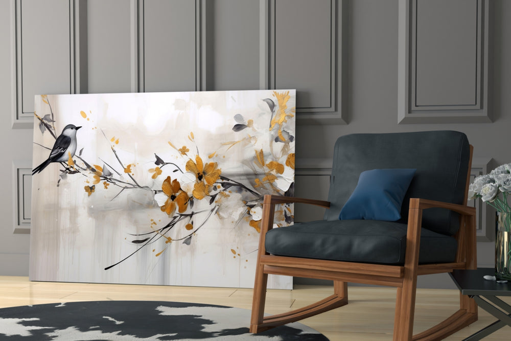 Calligraphy bird-and-branch glass wall art over modern bar cabinet