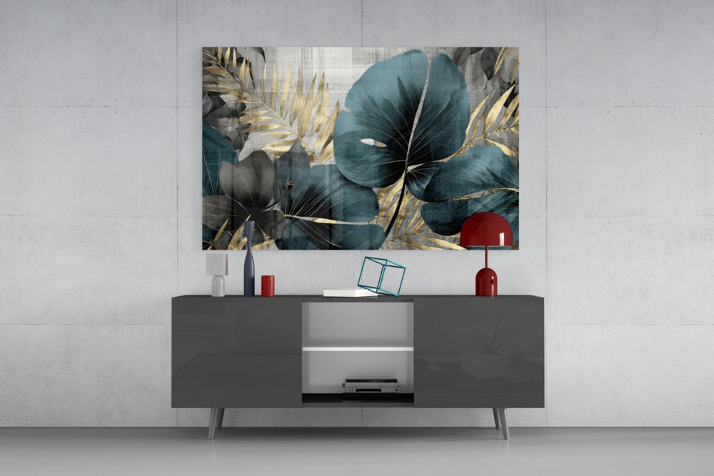 Art-deco foliage cinematic glass wall art in fashion-atelier reception