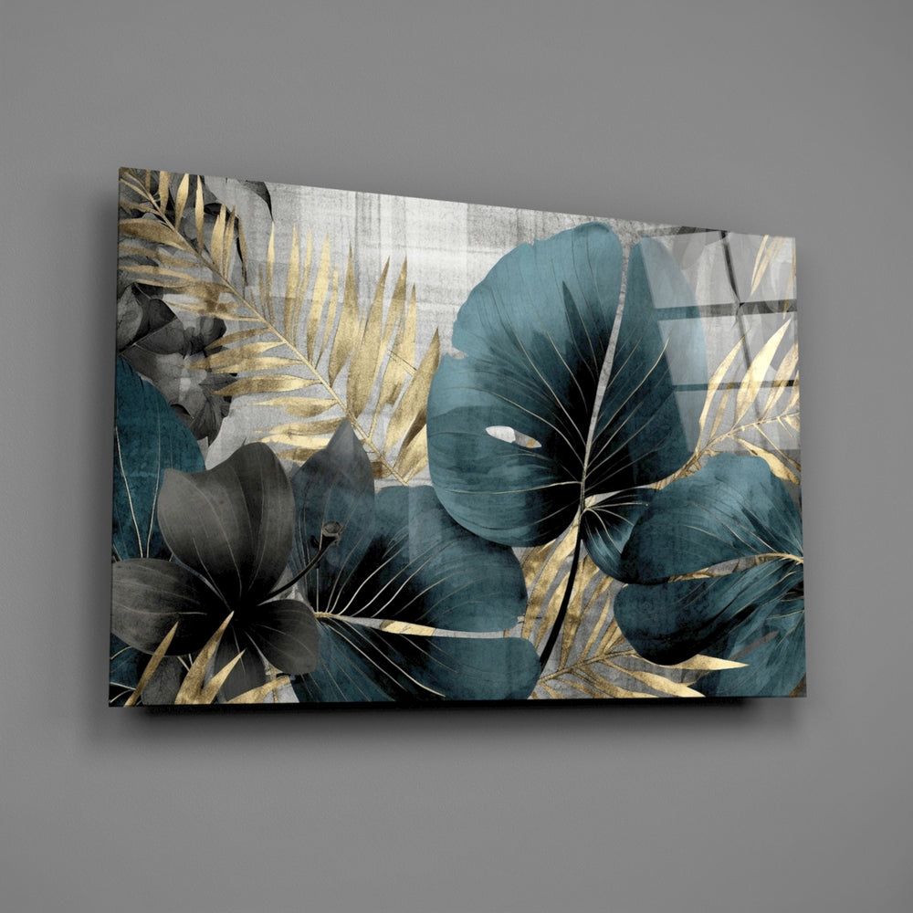 Painterly monstera-and-palm cinematic glass wall art over walnut dining sideboard