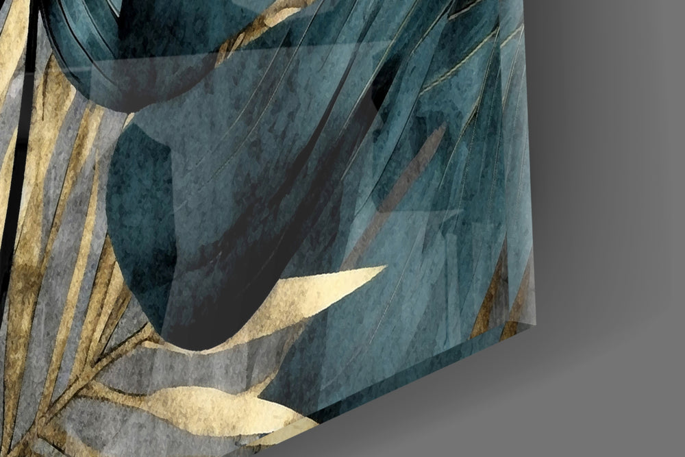 Art-deco tropical foliage glass wall art in boutique-hotel lounge