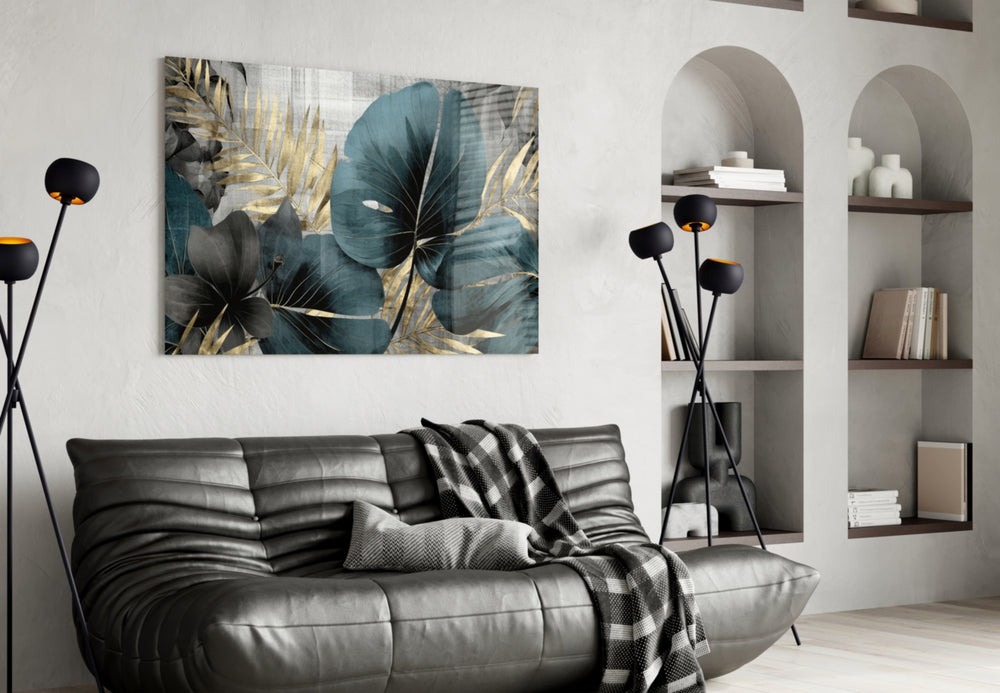 Teal-and-gold leaf cinematic glass wall art in luxury hallway
