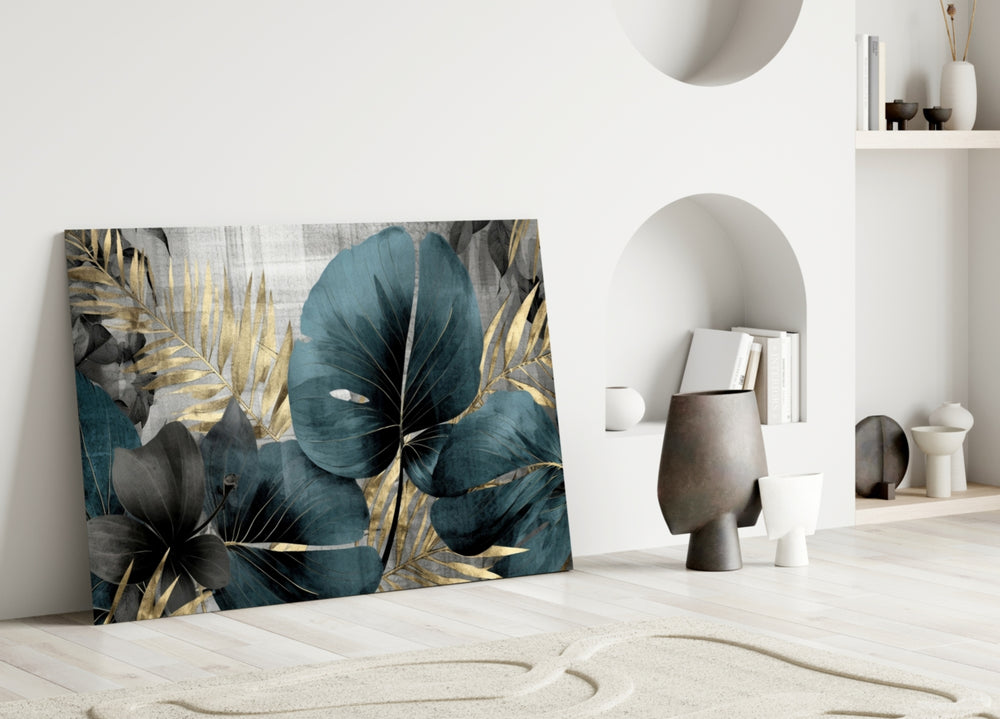 Pewter-and-gold leaf cinematic glass wall art over master-bedroom headboard