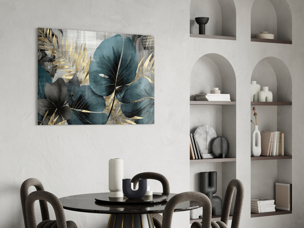Sculptural tropical leaves cinematic glass wall art in luxury powder-room