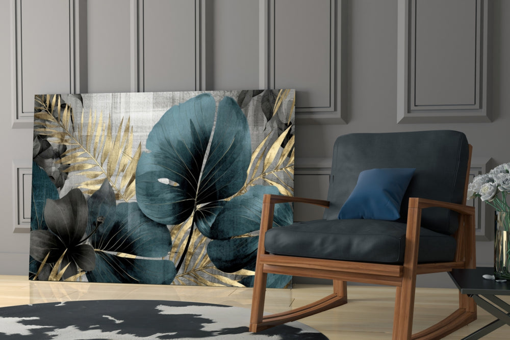 Painterly teal-gold cinematic glass wall art over modern bar cabinet