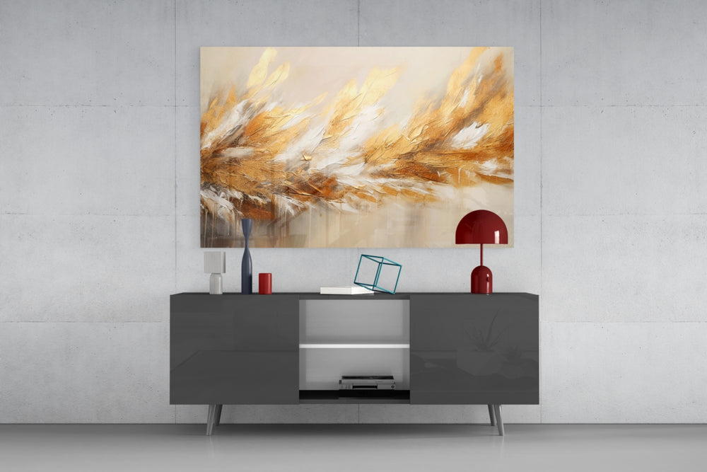 Pewter-and-gold cinematic glass wall art in designer hallway