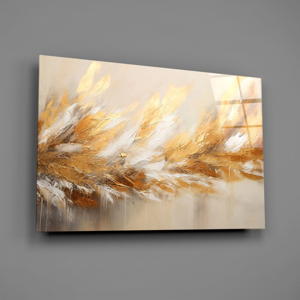 Antique-gold and ivory cinematic glass wall art over walnut dining sideboard
