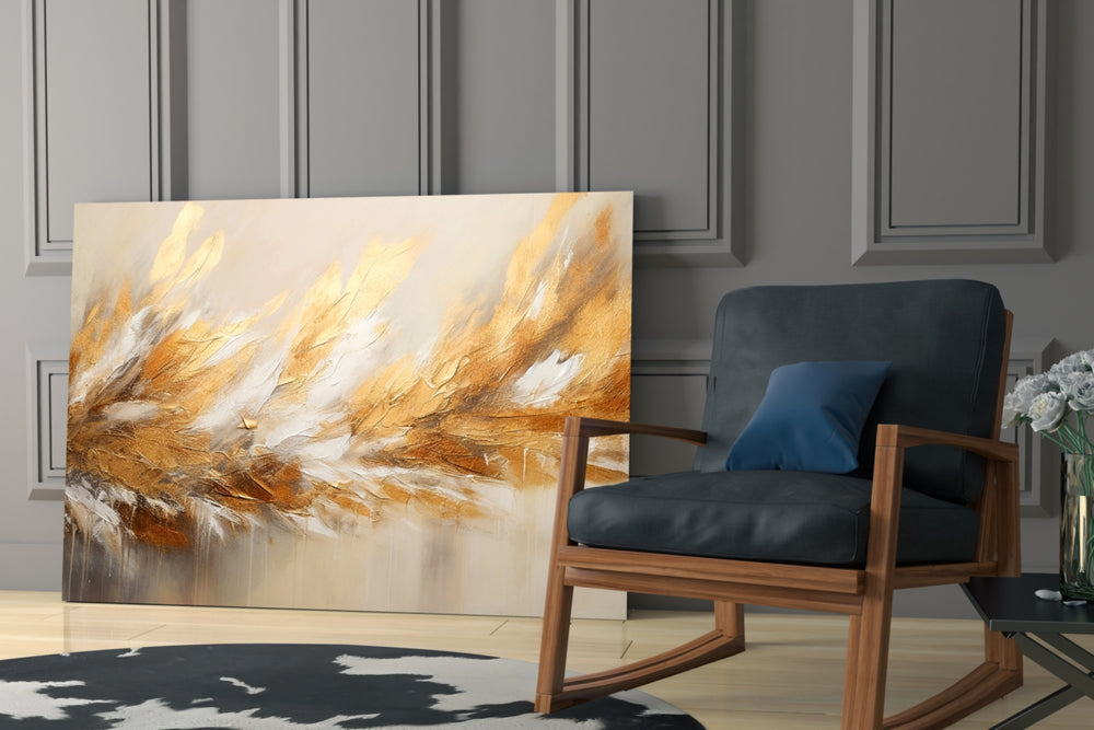 Painterly couture-gold abstract over modern dining table