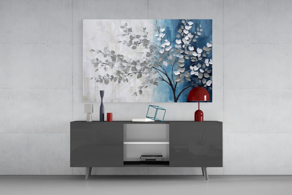 Silver tree painterly cinematic glass wall art in glamorous library