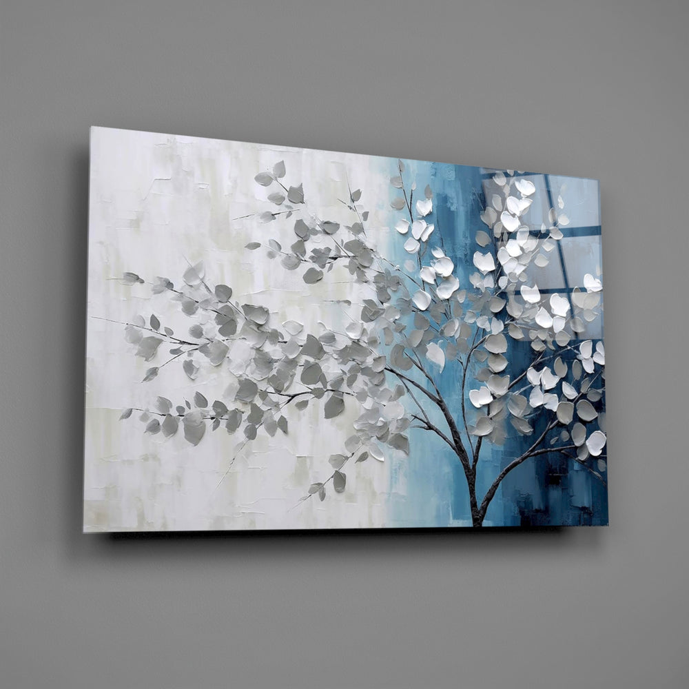 Navy-and-ivory tree cinematic glass wall art over walnut dining sideboard