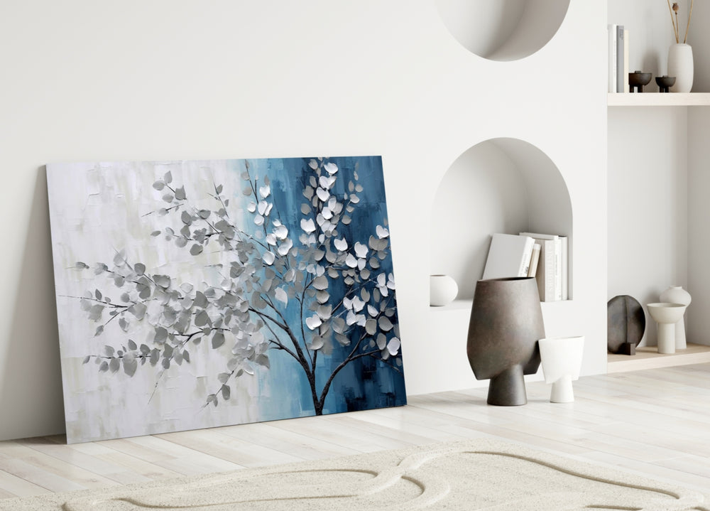 Moonlit tree painterly glass wall art over linen sofa in designer lounge