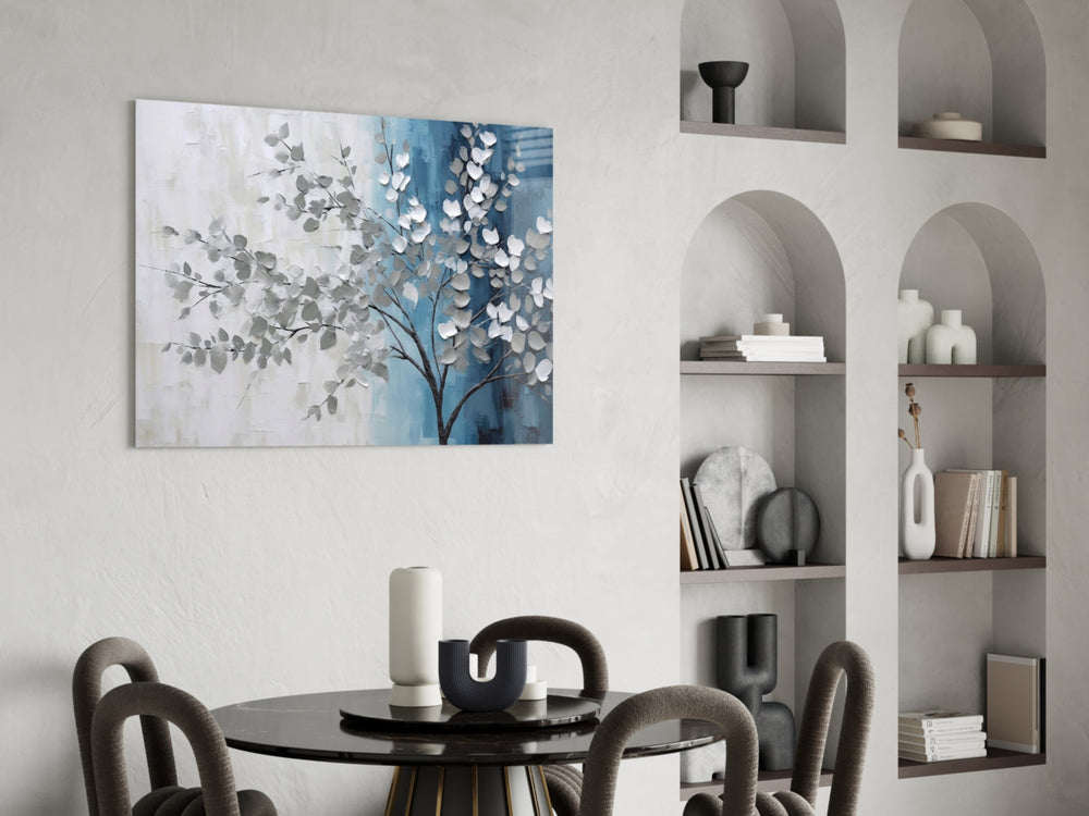 Silver-petal cinematic glass wall art in luxury powder-room
