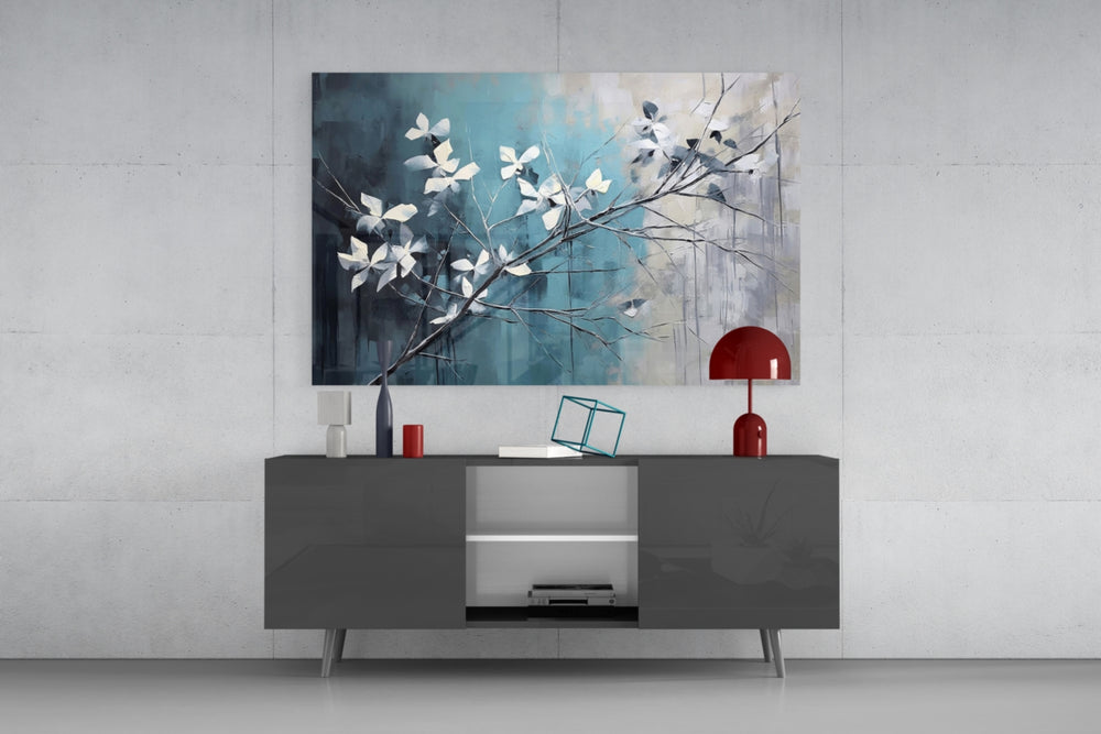 Blue blossom painterly cinematic glass wall art in glamorous library