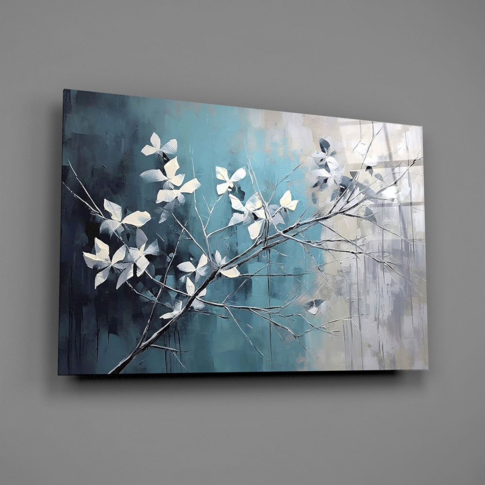 Teal-and-ivory blossom cinematic glass wall art over walnut dining sideboard
