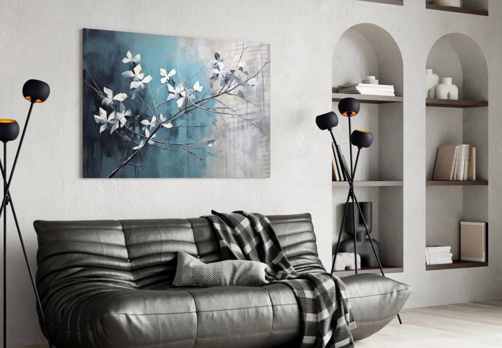 Painterly blossom-on-twig cinematic glass wall art in heritage living room