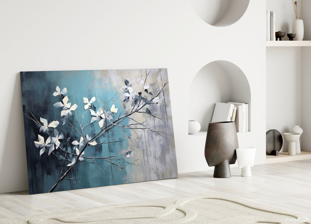 Cottony-blossom painterly glass wall art over linen sofa in designer lounge