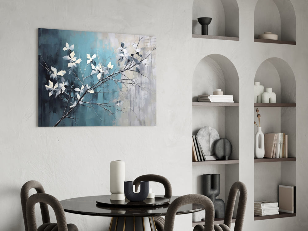 Snow-white blossom cinematic glass wall art in luxury powder-room