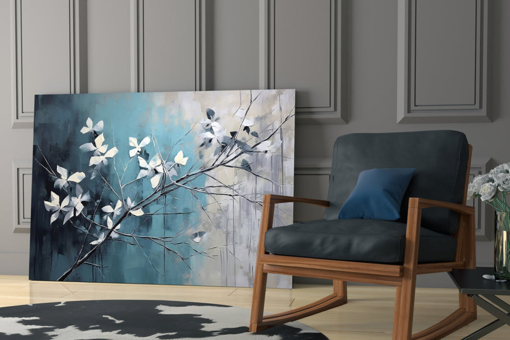 Sculpted-blossom branch glass wall art over modern bar cabinet