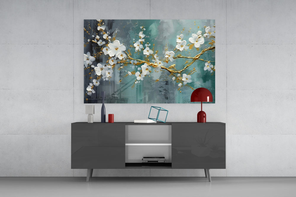 Gold-blossom branch cinematic glass wall art in glamorous library