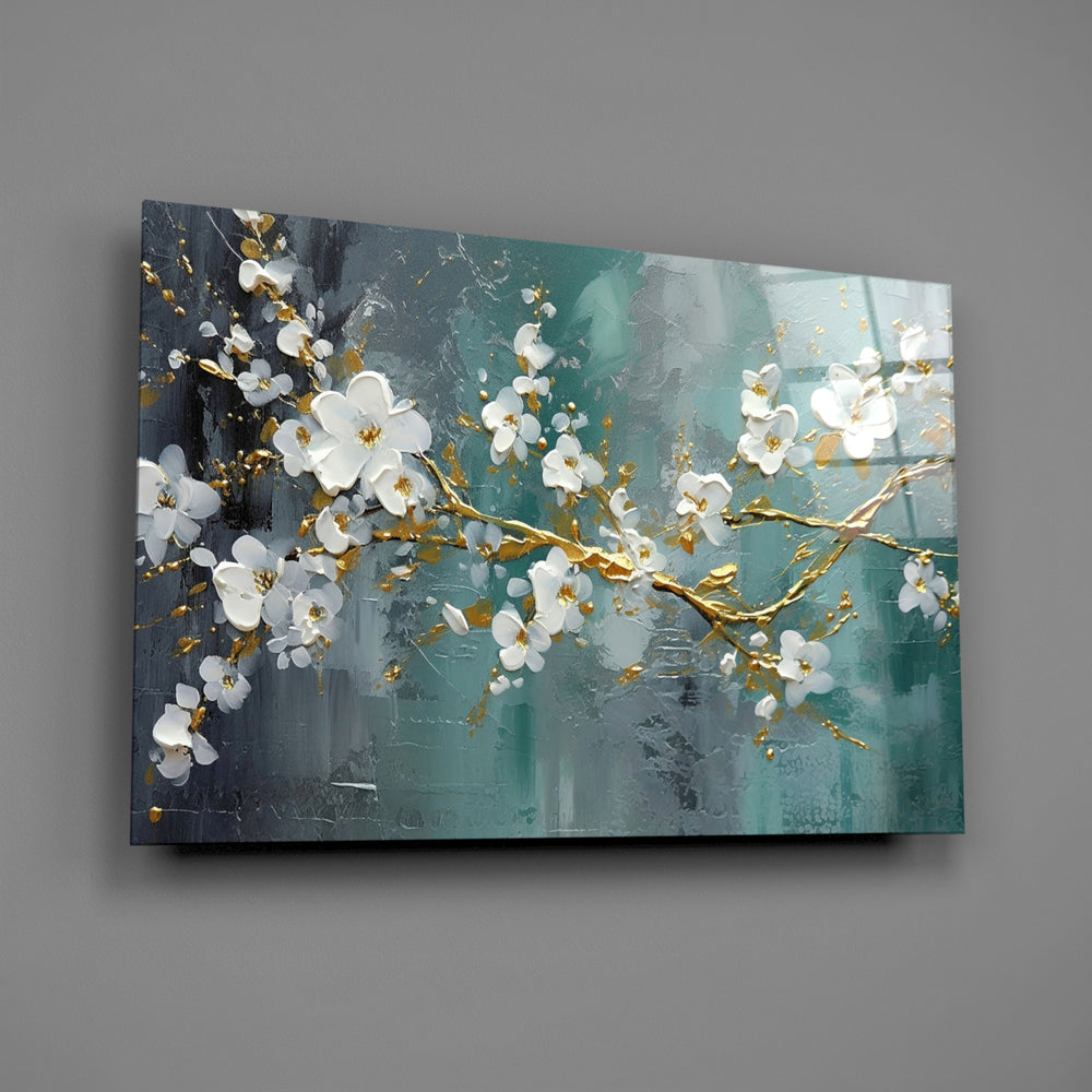 White-and-gold blossom cinematic glass wall art over walnut dining sideboard