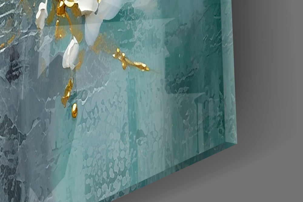 Eastern-style cherry-blossom cinematic glass wall art in boutique-hotel suite