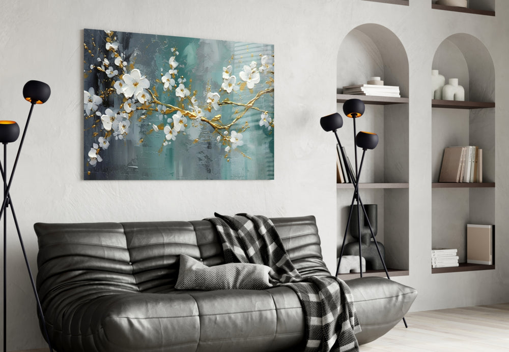 Painterly blossom-and-branch cinematic glass wall art in heritage hallway