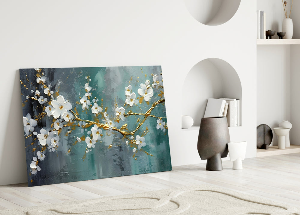 Cherry-blossom painterly glass wall art over linen sofa in designer lounge