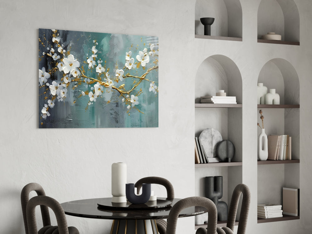 Teal-and-gold blossom cinematic glass wall art in luxury powder-room