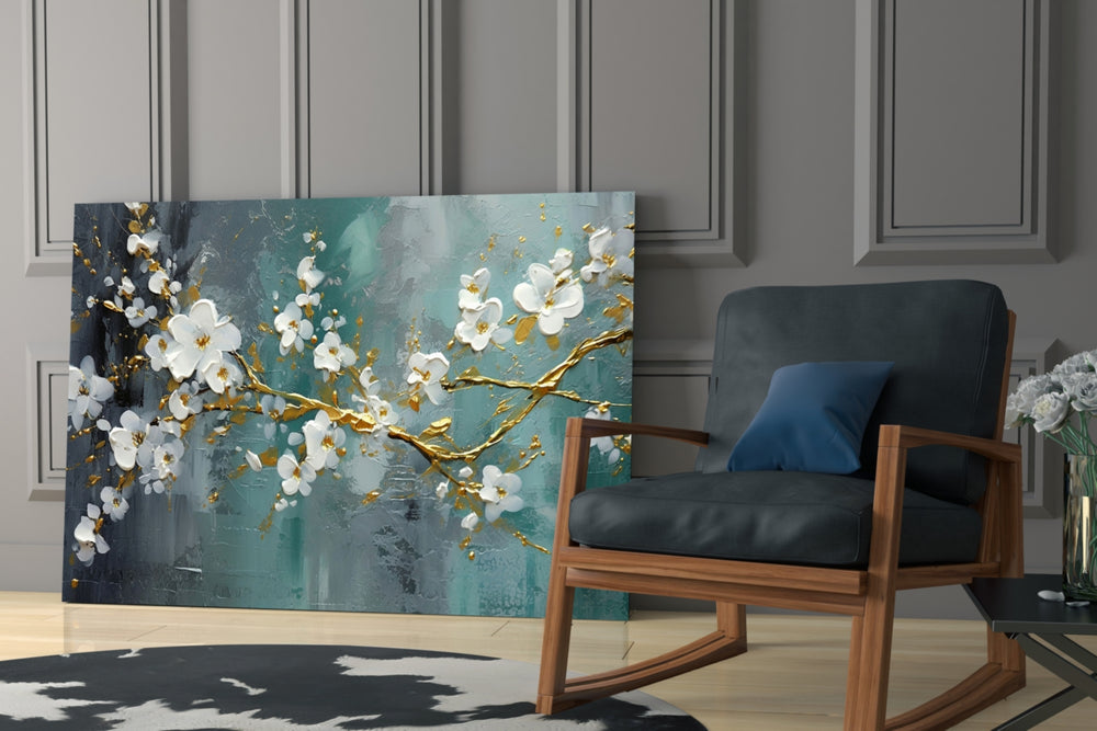 Painterly blossom branch glass wall art over modern bar cabinet