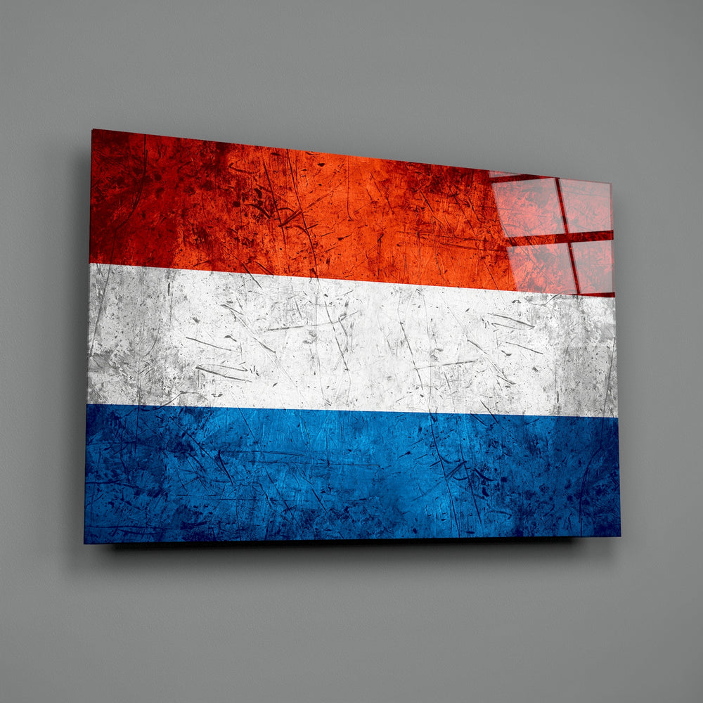 Statenvlag distressed-metal cinematic glass wall art over walnut sideboard with maritime decor