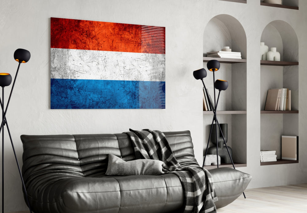 Heritage Netherlands tricolor glass wall art in country-pride hallway