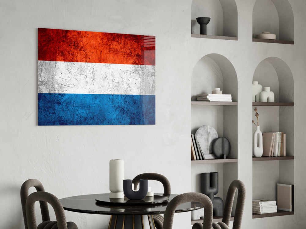 Vintage-metal Statenvlag glass wall art in maritime-style entryway