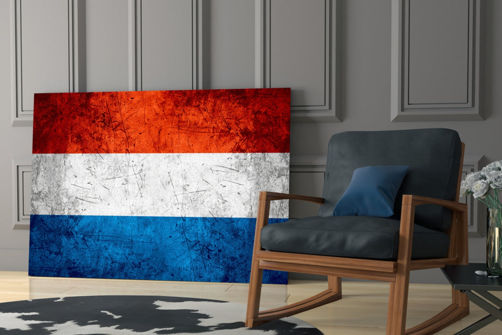 Dutch tricolor cinematic glass wall art over master-bedroom headboard