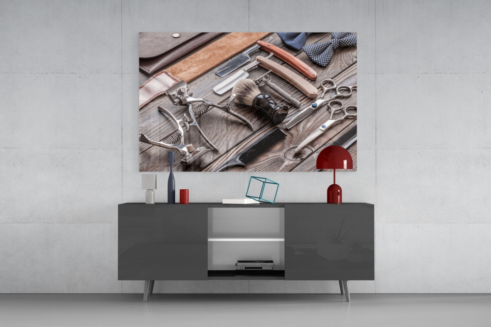 Vintage clipper-and-comb cinematic glass wall art in gentleman's library