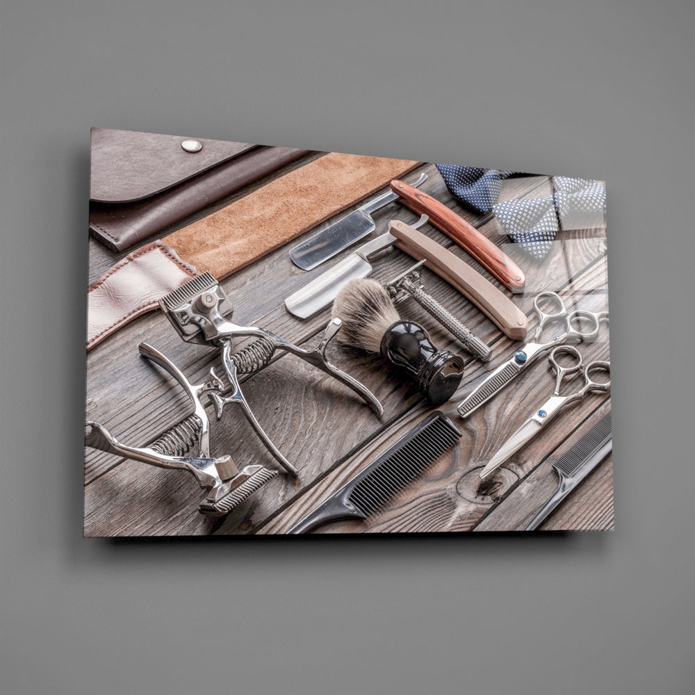 Straight razor and badger brush glass wall art over walnut console in man-cave dressing room