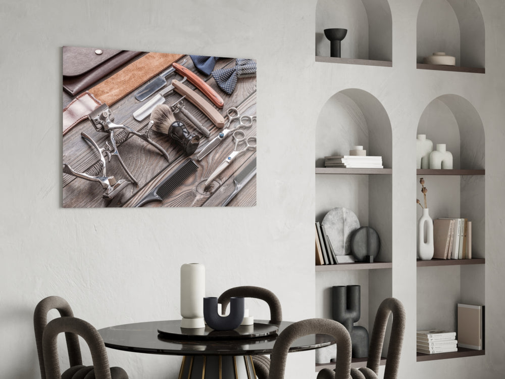 Editorial-photo barber-bench glass wall art in study reading nook