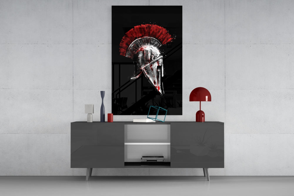 Warrior-iconography Spartan cinematic glass wall art in office library