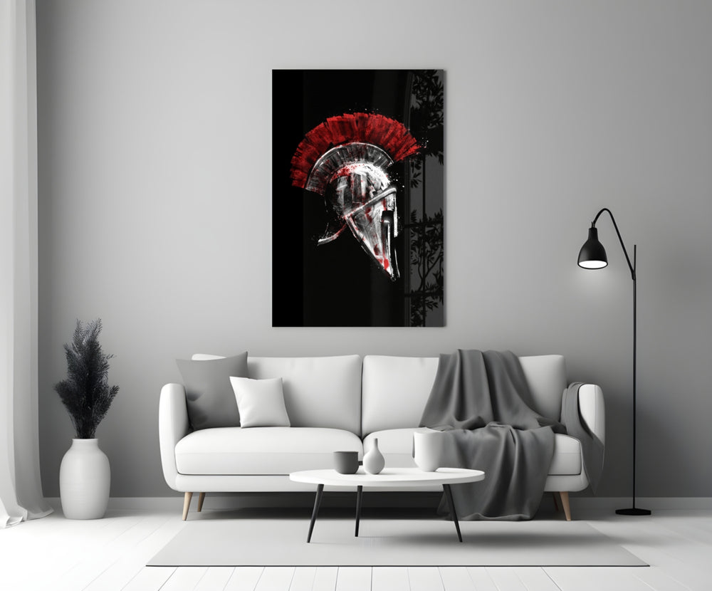 Crimson-and-onyx warrior cinematic glass wall art over master-bedroom headboard