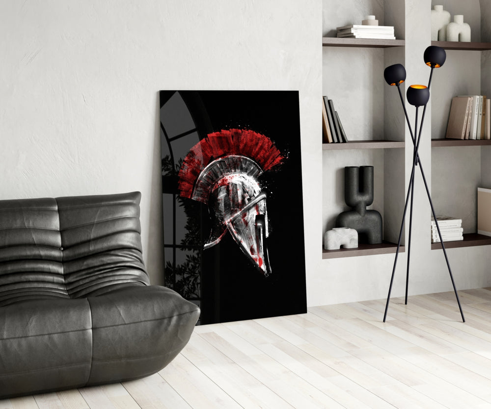 Heritage helmet ink-painted cinematic glass wall art in study reading nook