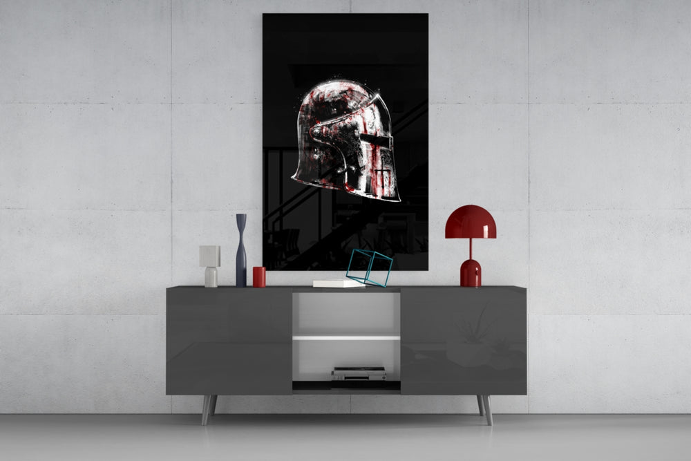 Warrior-iconography knight helm cinematic glass wall art in office library