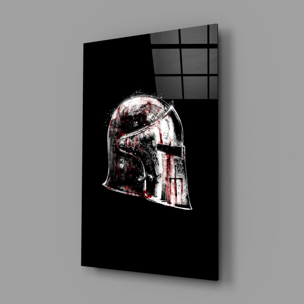 Crusader barbute helm glass wall art in martial-arts dojo entry