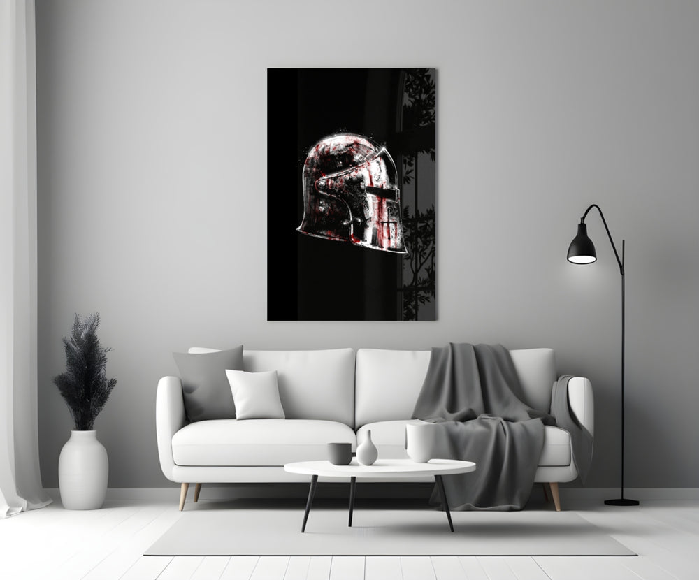 Crimson-and-silver helm cinematic glass wall art over master-bedroom headboard