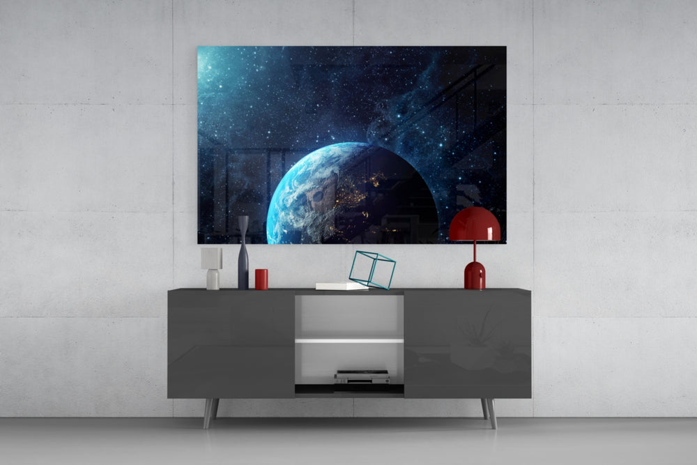 Space-photography Earth cinematic glass wall art in modern home office