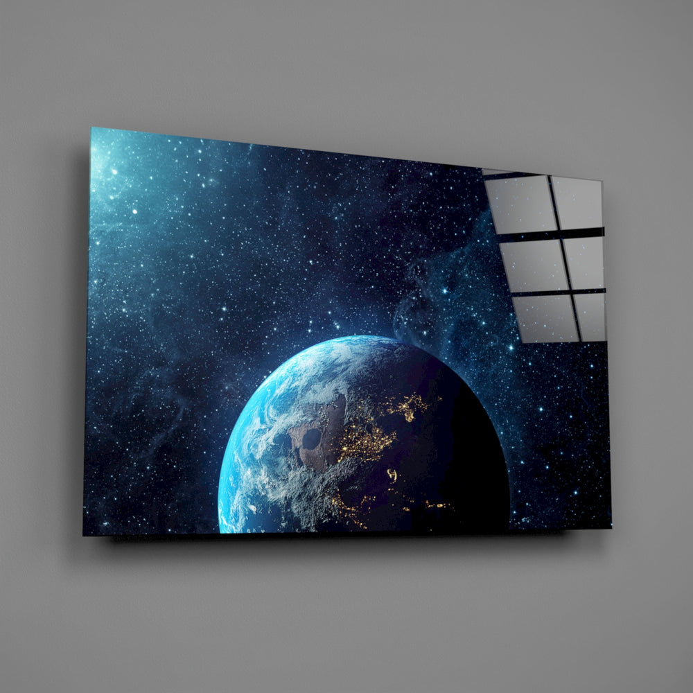 Cosmic Earth photography glass wall art over walnut console in tech-firm office
