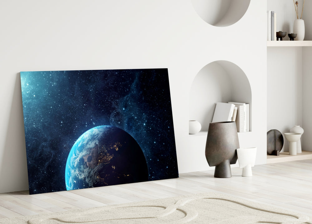 Asian city-lights Earth cinematic glass wall art over master-bedroom headboard