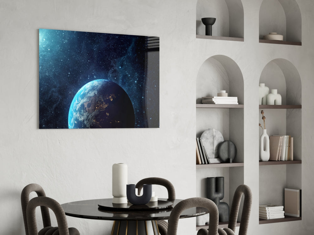 Cosmic photography cinematic glass wall art in study-themed hallway