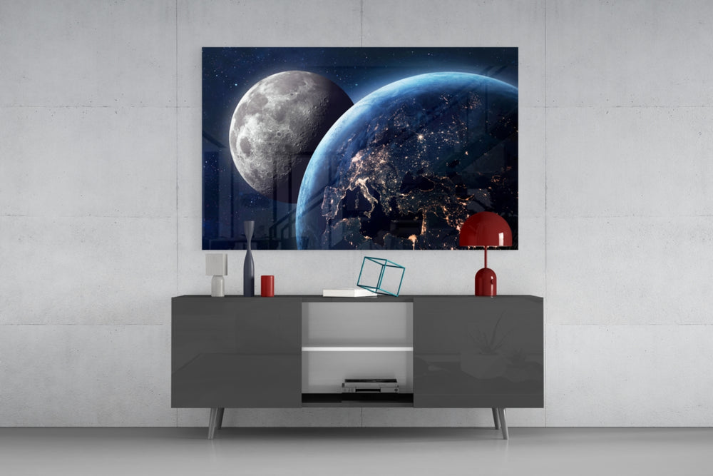 Lunar-disc and Earth cinematic glass wall art in modern home office