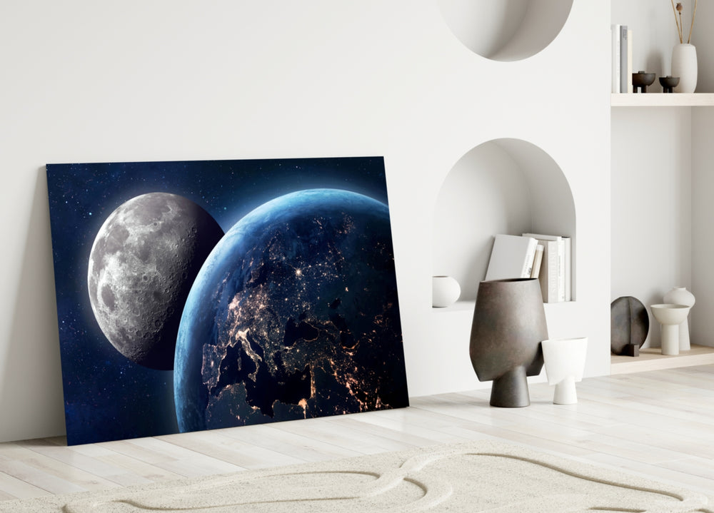 Cosmic Moon-Earth glass wall art over master-bedroom headboard