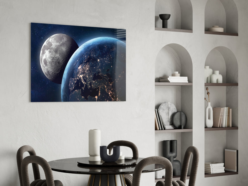 Space photography cinematic glass wall art in study-themed hallway